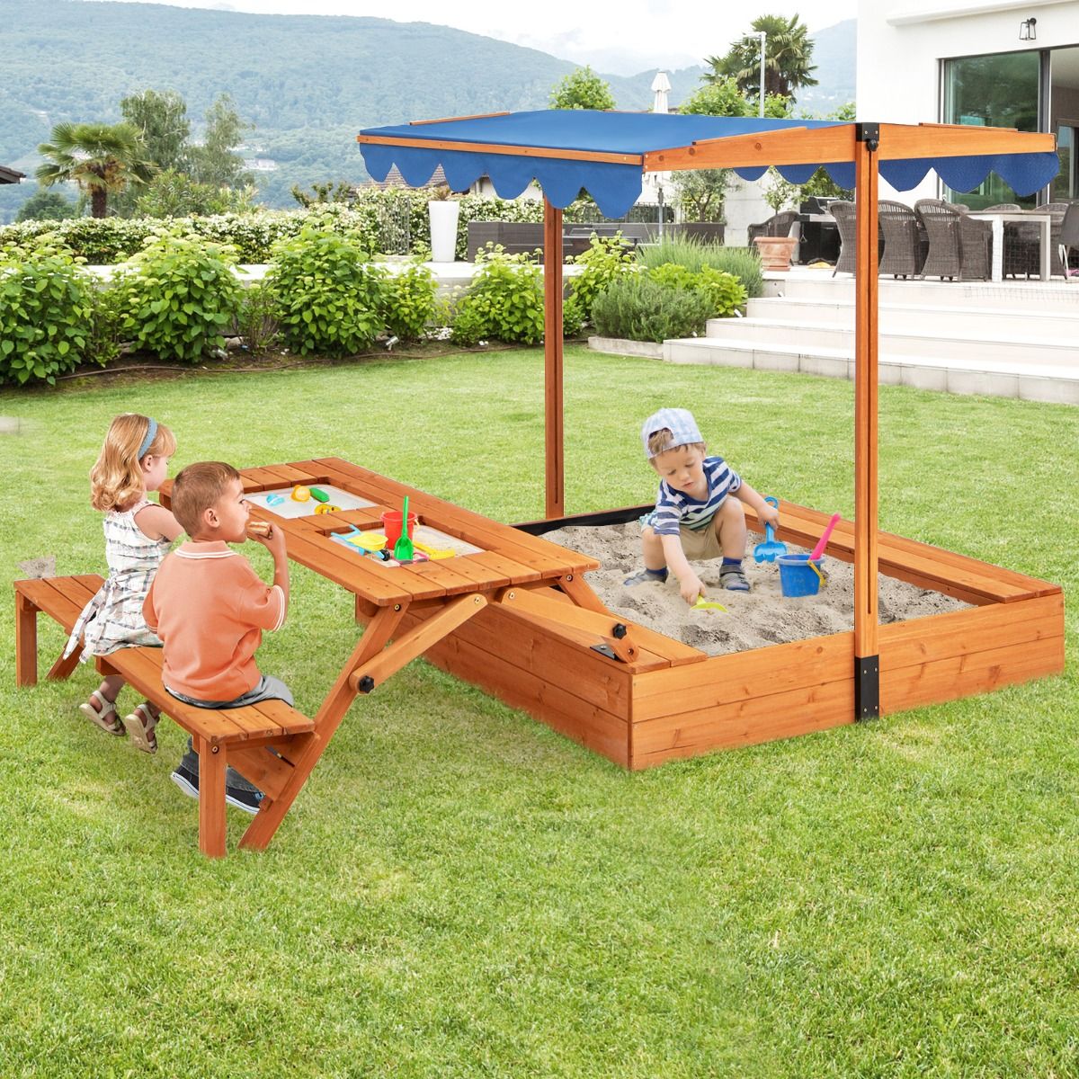 Bac à Sable en Bois pour Enfants avec Couvercle Aire de Jeux avec Table Sensorielle Pliable & Banc Parasol Ajustable pour 3+ Ans Naturel - Lidl-Manfred