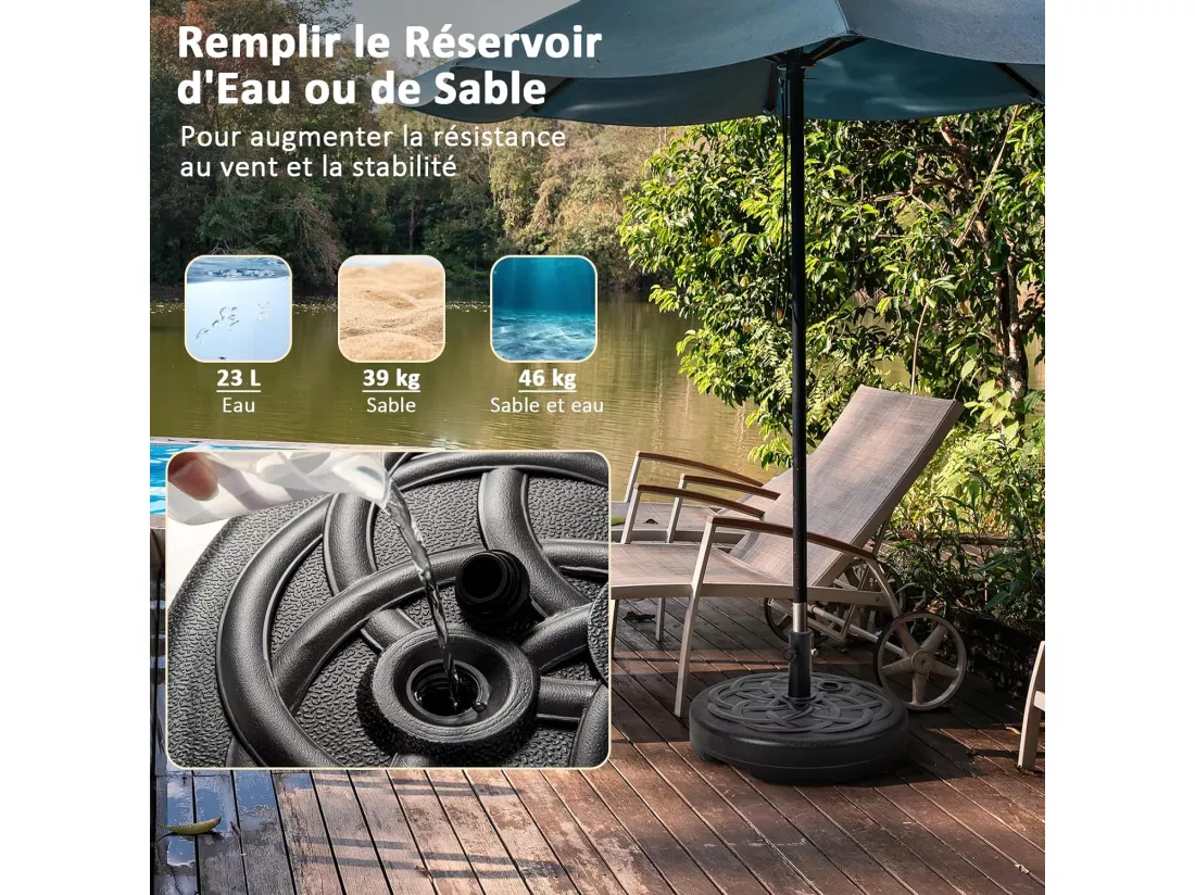 Pied de Parasol Lourd pour Parasol φ38/48 mm, Socle Parasol Extérieur en HDPE Rempli de 39Kg Sable/ 23L Eau, pour Terrasse, Piscine, Patio, Jardin, Restaurant, Dia.56 x H30 cm