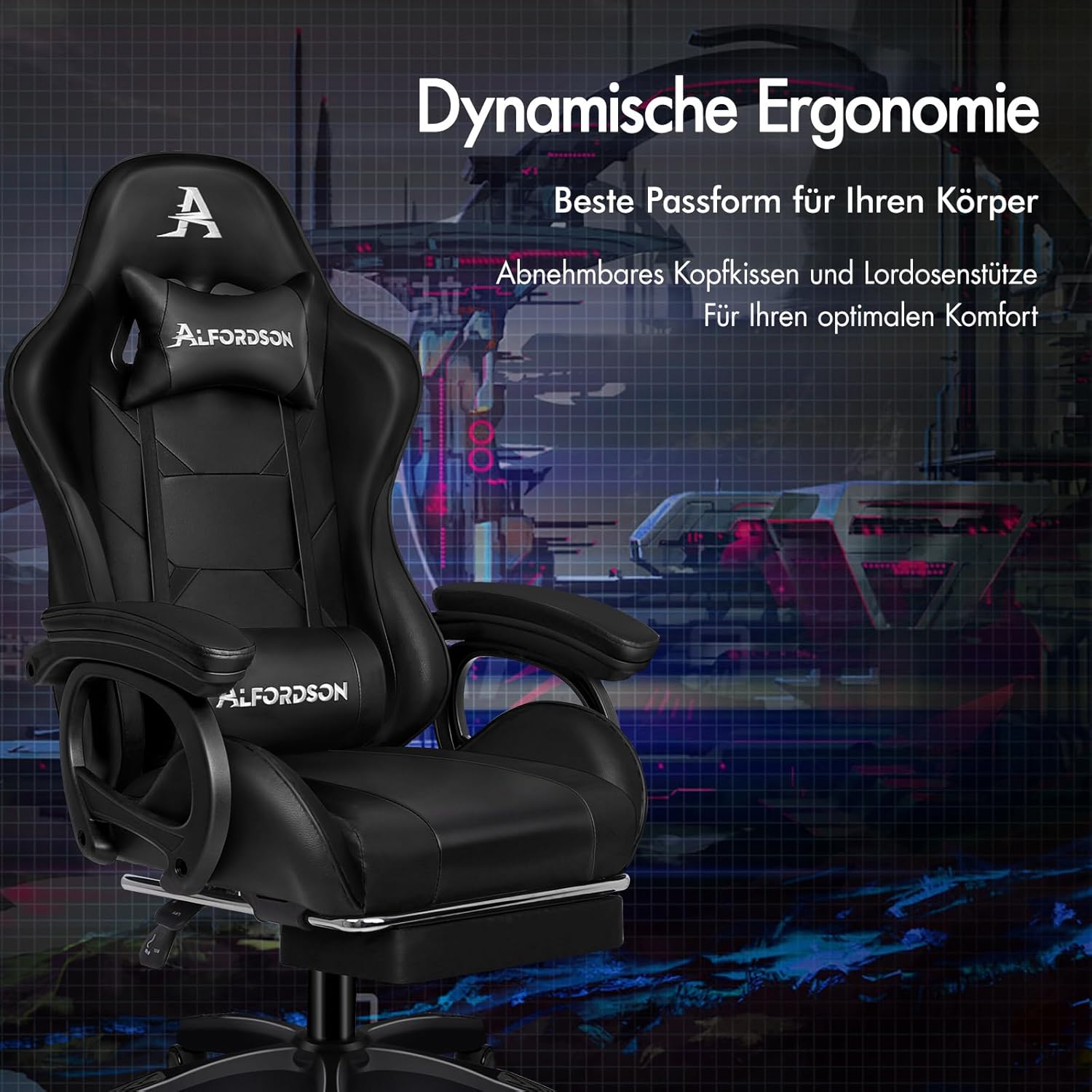 ALFORDSON Massage Gamer Stuhl, Computer Bürostuhl mit Fußstütze, 2-Punkt-Massage Stuhl 180kg Belastbarkeit, 90-150° Rückenlehne einstellbar Ergonomischer PC Stuhl, 360° drehbar, Schwarz