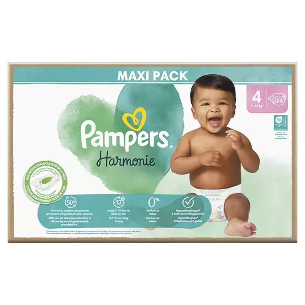 Fraldas Pampers Harmonie Maxi Pack T4 (9-14 kg) com embalagem de papel reciclável