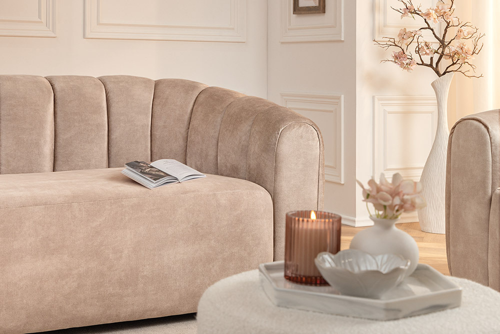 3-Sitzer Sofa BABYLON 200cm champagner beige Samt mit Ziersteppung