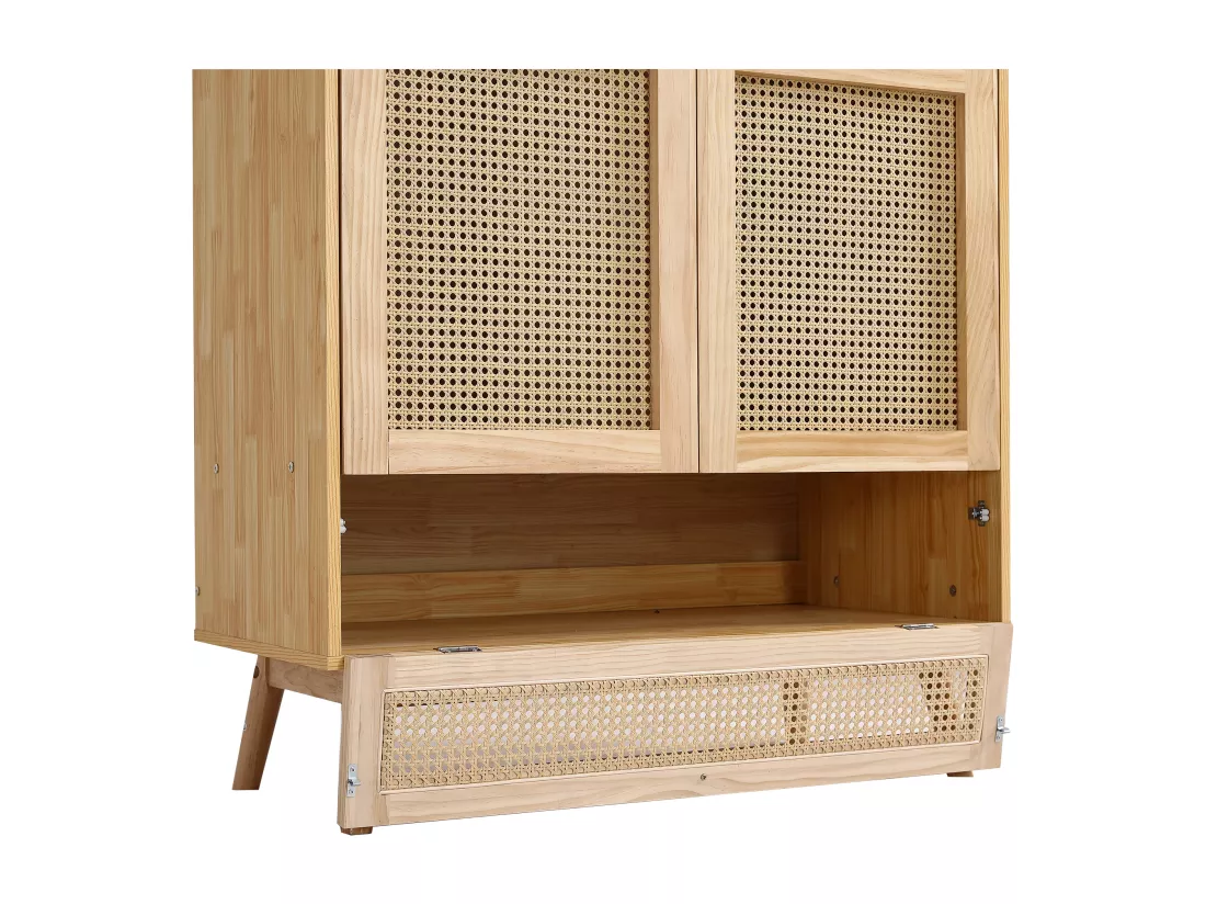 Armoire avec tringle - 2 portes grillagées en rotin et 1 compartiment abattant - Naturel