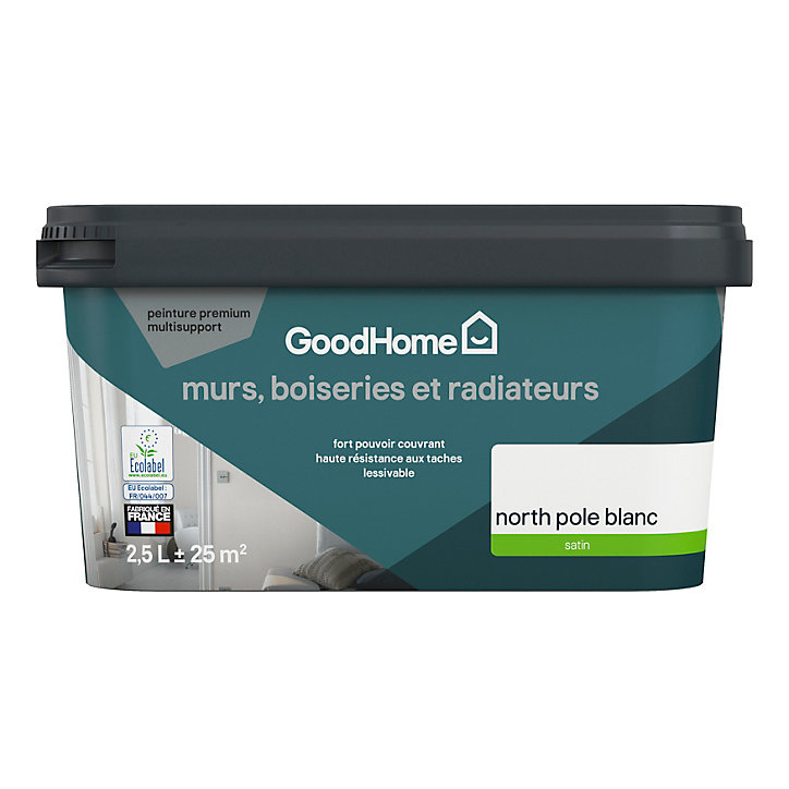 Peinture intérieure couleur murs, boiseries et radiateurs GoodHome North Pole satin blanc 2,5L