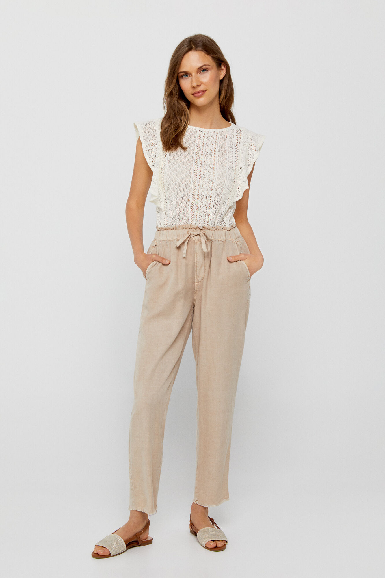 Pantalón Fluido cor 100% Tencel - Bege