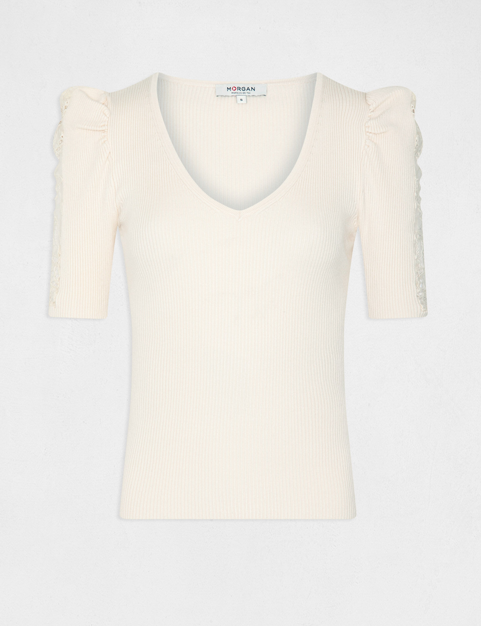Pull manches courtes avec dentelle ivoire femme - ivoire
