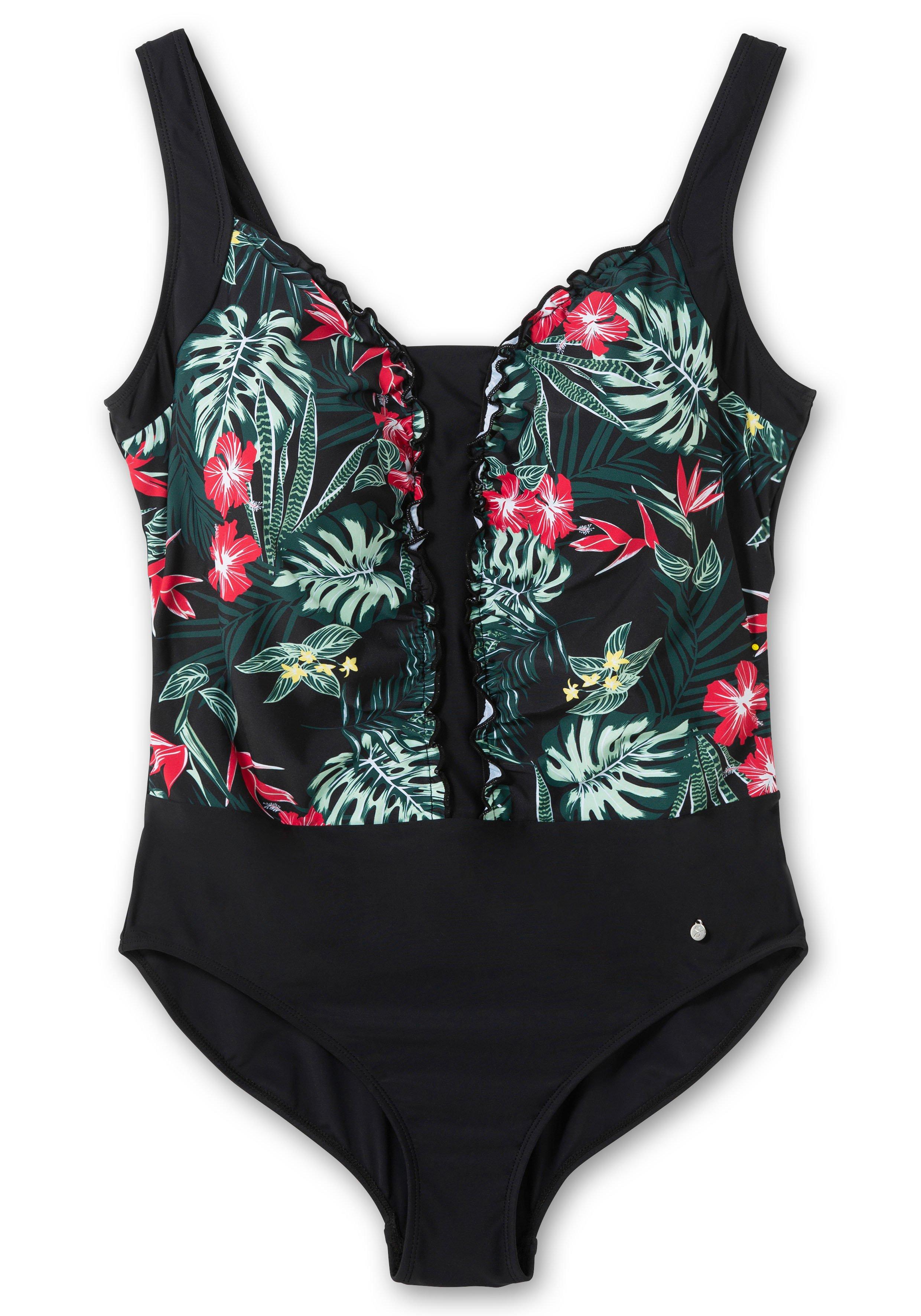 Badeanzug mit Rüschen und Tropical Print