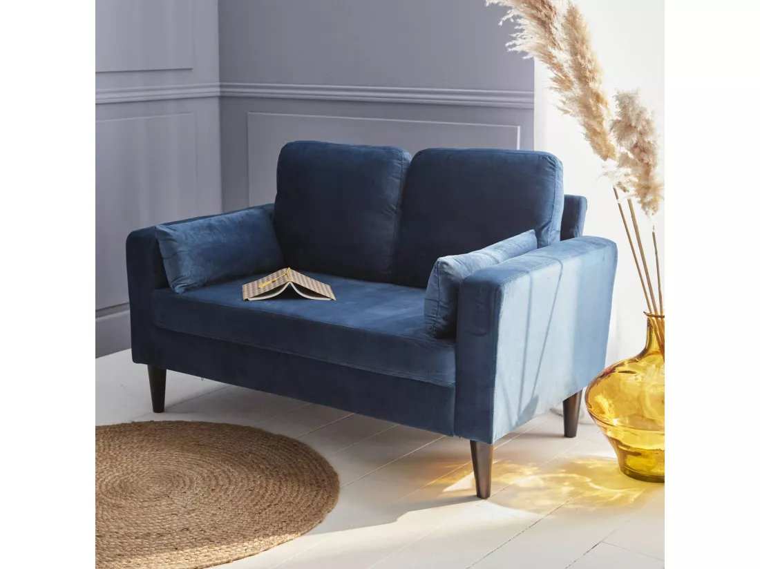 Canapé en velours bleu- Bjorn - Canapé 2 places fixe droit pieds bois style scandinave