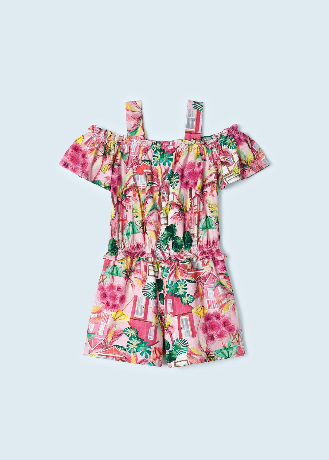 Macacão curto estampado para meninas, feito de algodão sustentável.