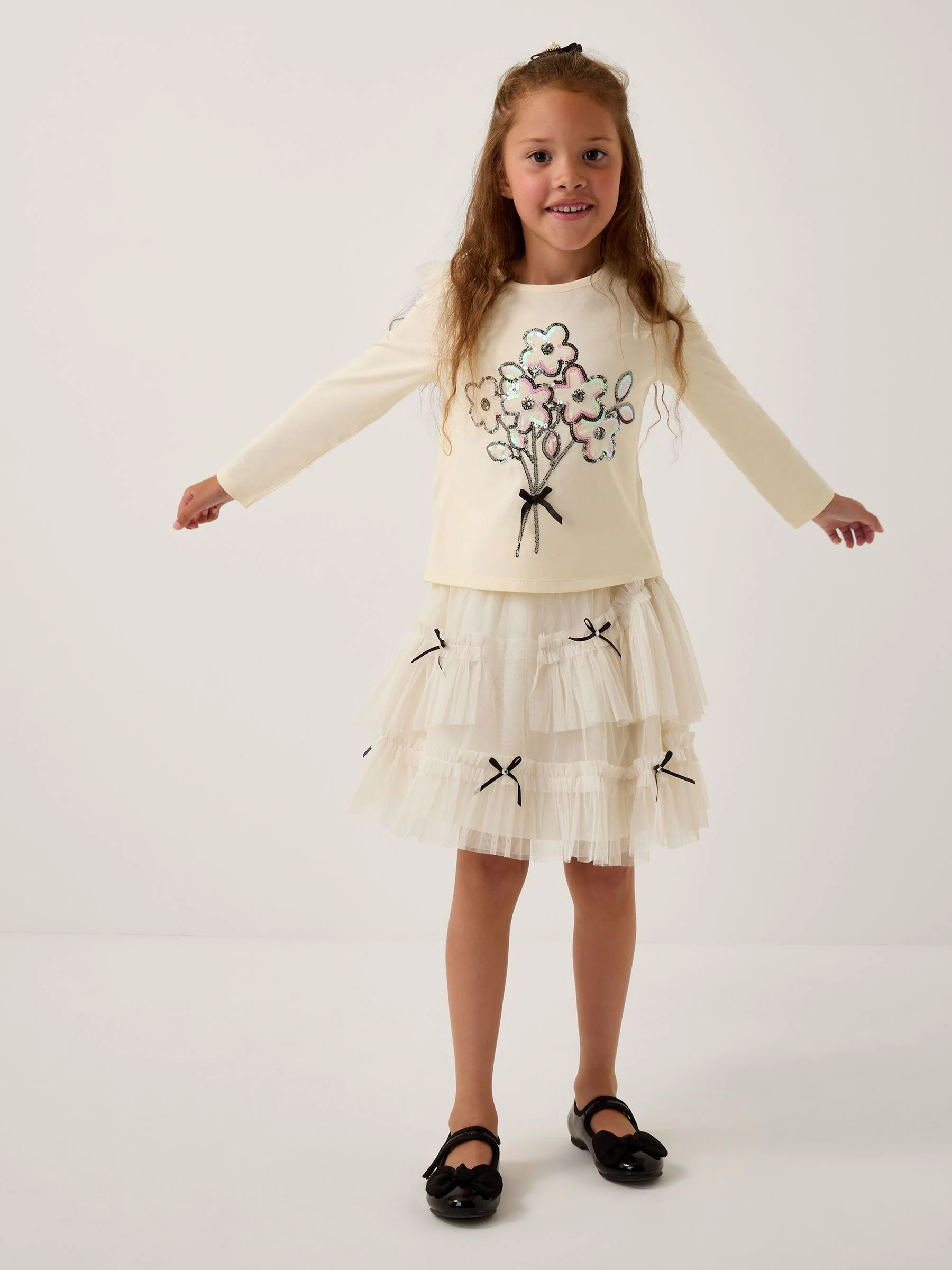 Monsoon Floral Print Sequin Top & Bow Mesh Skirt Set