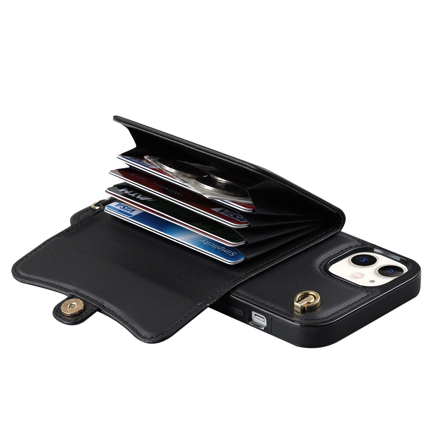 iPhone 11 Necklace Leder Schutz Hülle mit Kartenfach   Handykette (140cm) - Schwarz