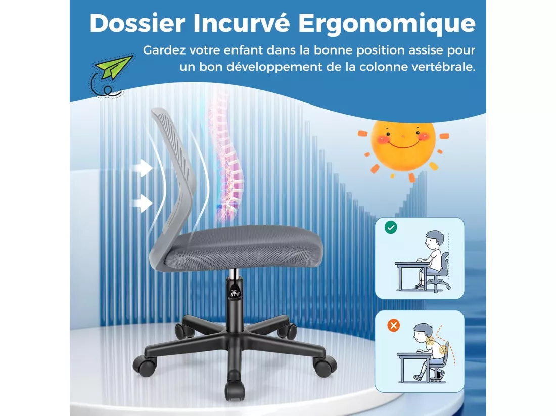 Chaise de Bureau Pivotante Enfants avec Hauteur Réglable 77-89cm, Siège à roulettes avec Dossier Ergonomique & Base à 5 Étoiles, Charge 150kg pour Enfant Adolescent Adulte(Gris)