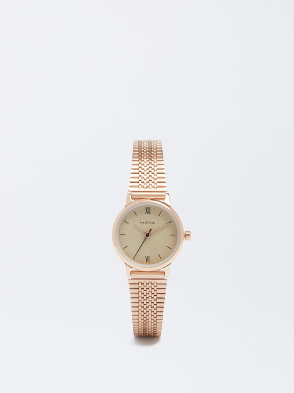 Relógio em aço com pulseira de malha metálica - Ouro rosa