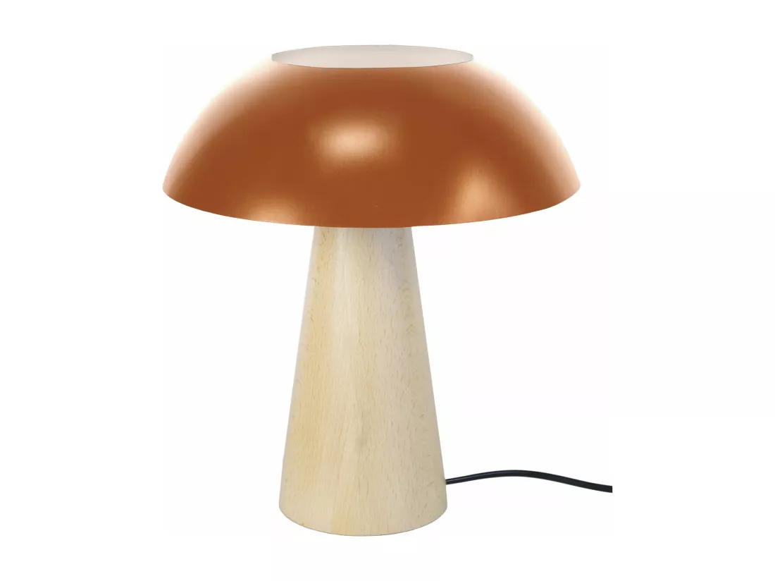 Lampe a poser conique bois naturel,cuivre 35 cm.