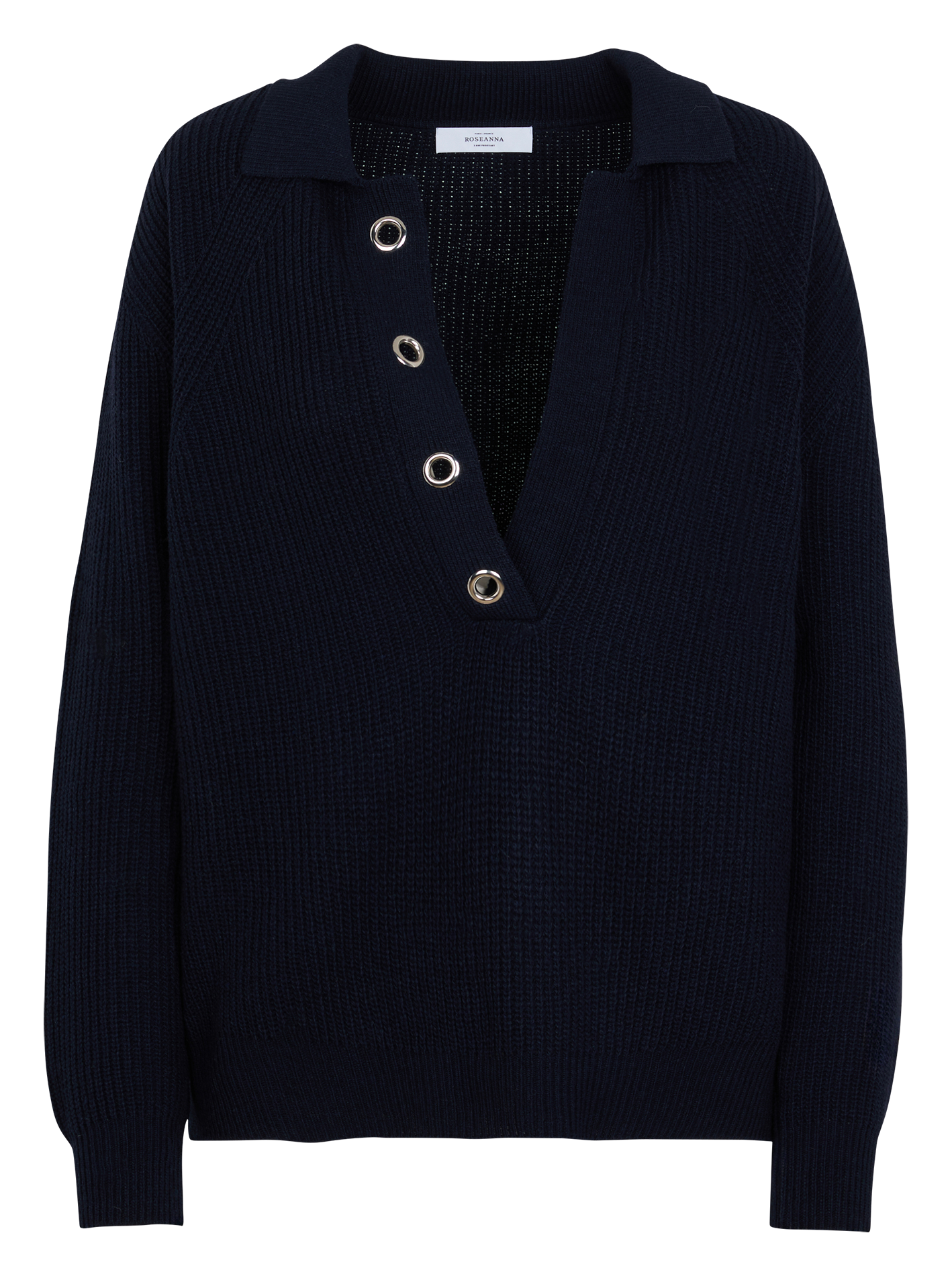 WILLIAM - Pull col v à revers avec oeillet en laine mélangé | Bleu