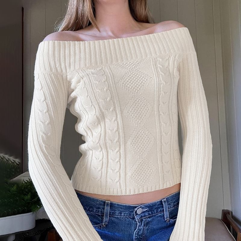 Sosana - Lange mouwen off-shoulder effen kabelgebreide slim-fit crop top