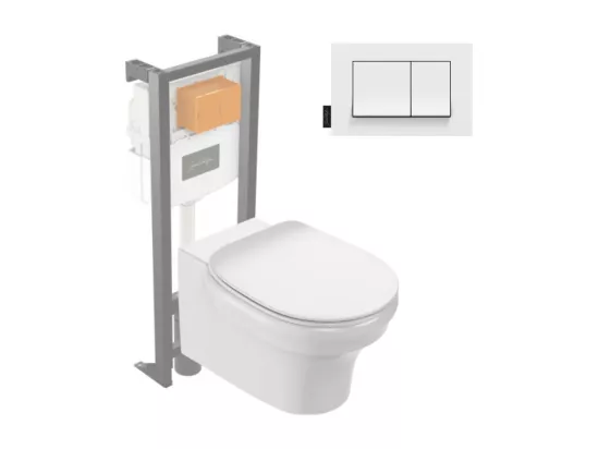 Pack WC suspendu sans bride à économie d'eau JACOB DELAFON Cléo 1889 + abattant + bâti-support + plaque rectangle blanche