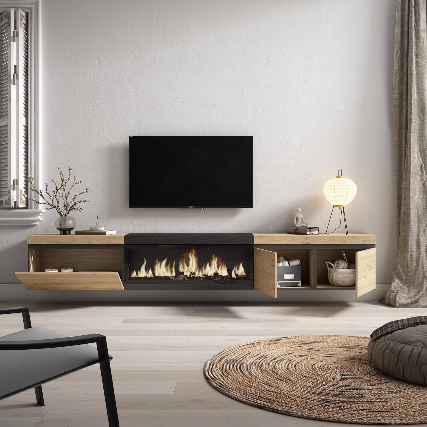 Skraut Home | TV-Schrank, Lowboard | für Wohnzimmer und Esszimmer | 288x45x35 cm | Für großformatiges TV | Elektrokamin XXL | Hängend | Moderner Stil | Eiche Schwarz