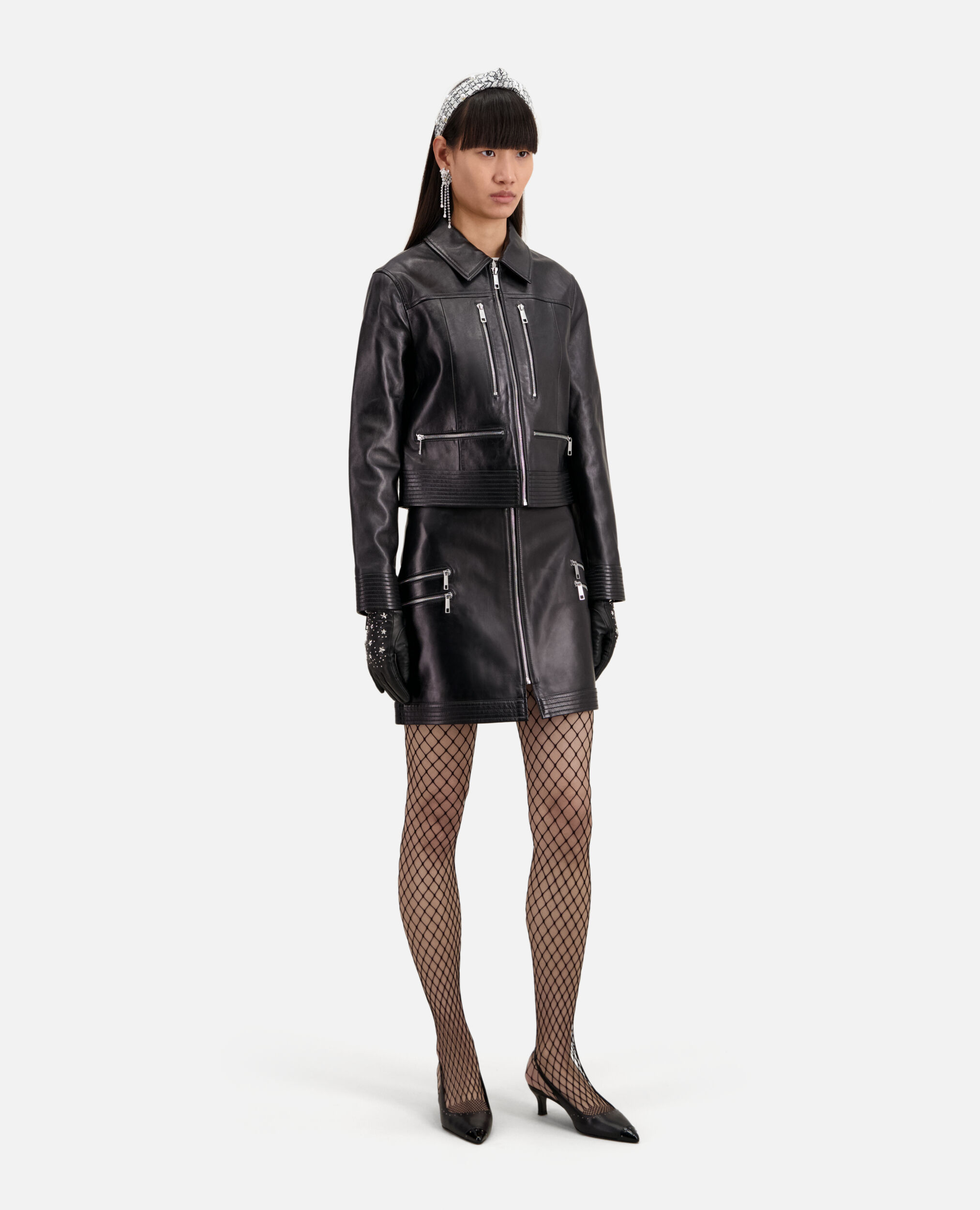 Black leather biker jacket with zipper