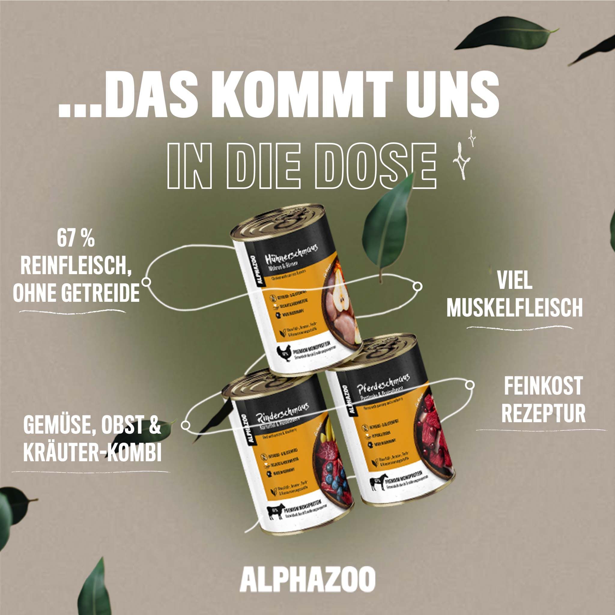 ALPHAZOO Probierschmaus, Nassfutter Probierpaket (Rind, Huhn, Pferd) für Hunde