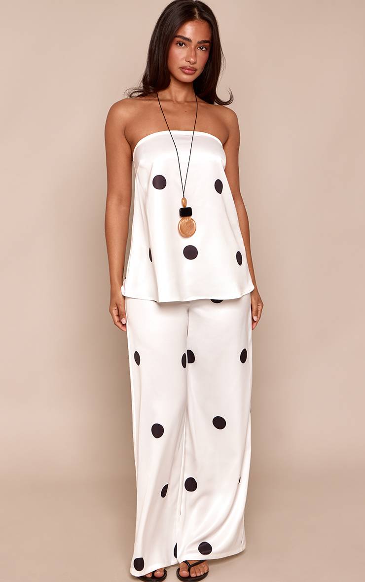 Blanc Pantalon Large Tailleur En Satin À Pois Petite Ensemble Coordonné