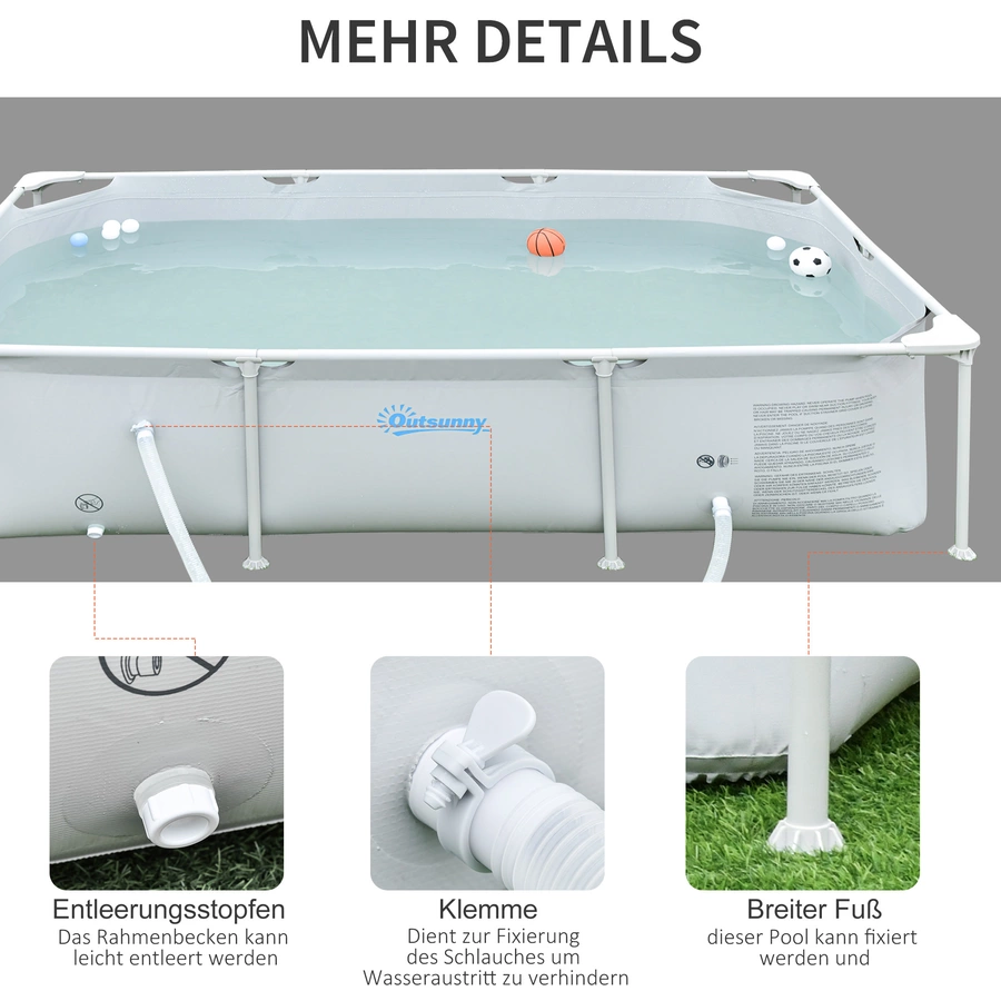 Outsunny Swimmingpool mit Filterpumpe und Filterpatrone, Rost- und korrosionsbeständig grau