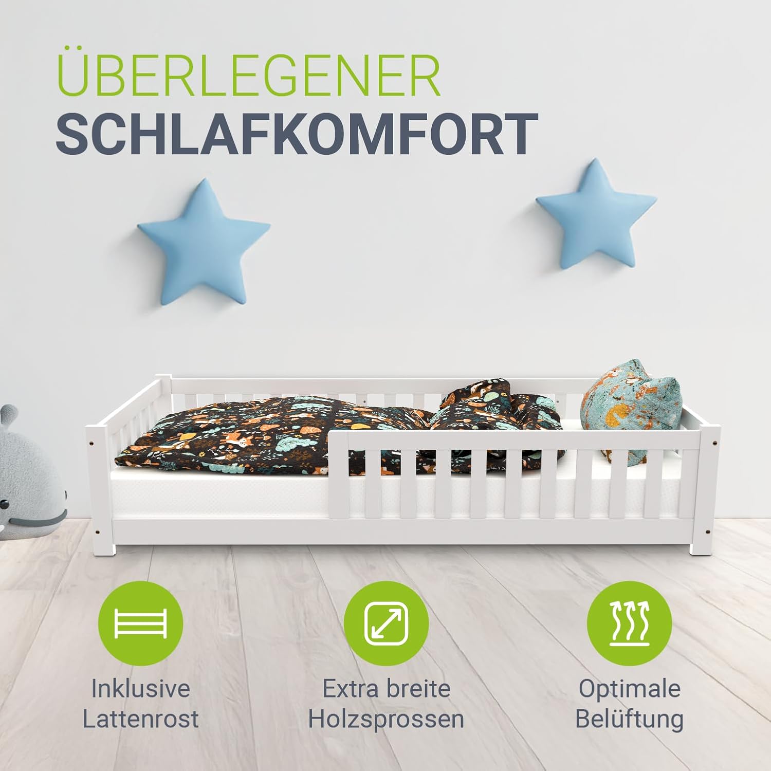Juskys Kinderbett Naya - 90x200 cm Bett mit Rausfallschutz & Lattenrost - Holz Bodenbett für Kinder 3-10 Jahre - modernes Bettgestell Weiß