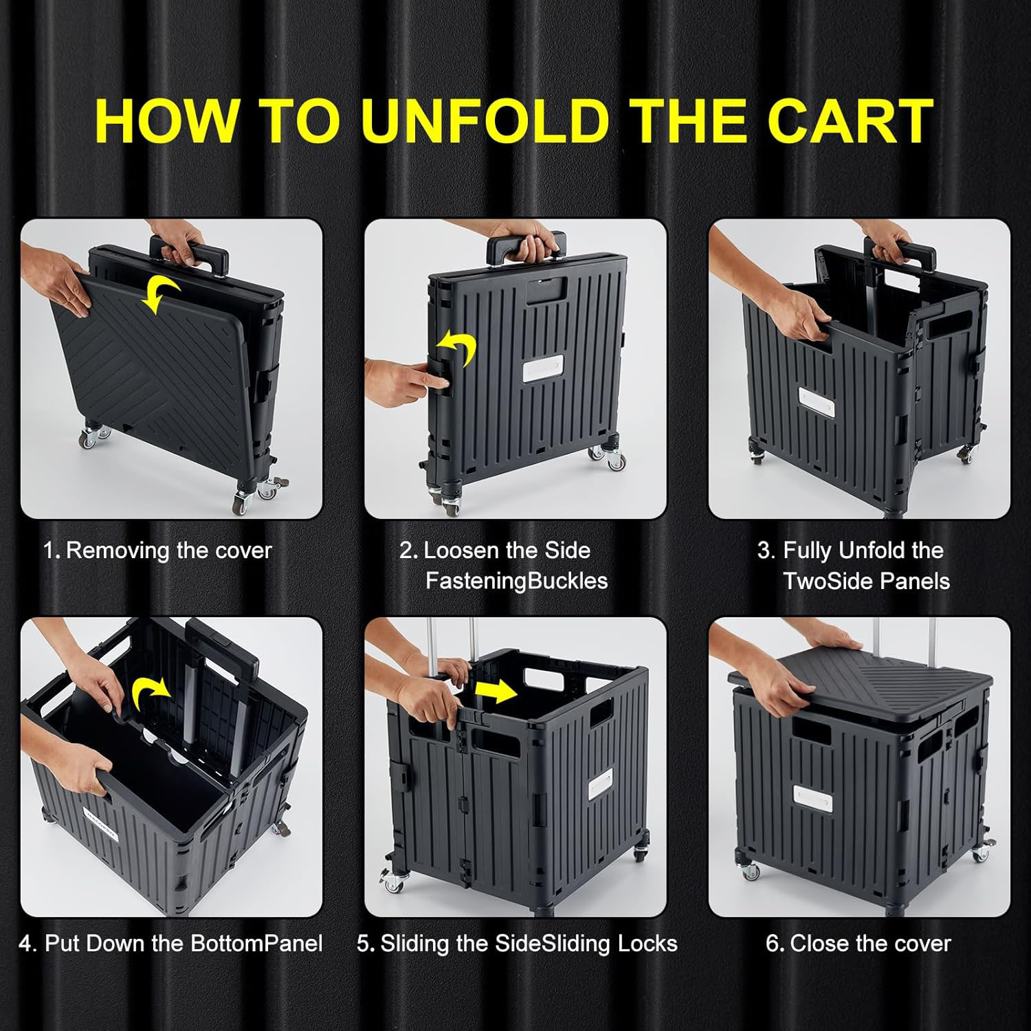 (38x32cm) Klappbarer Einkaufs Trolley Transportbox Shopping Kiste Umzugswagen mit Rädern / Teleskop Griff - Schwarz