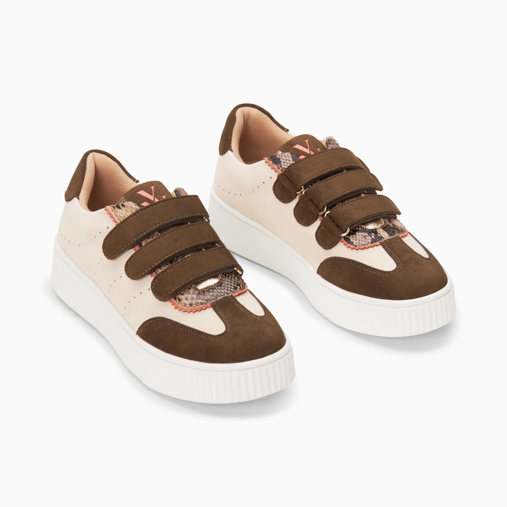 Sneakers-Baskets Marie beige et kaki à scratchs