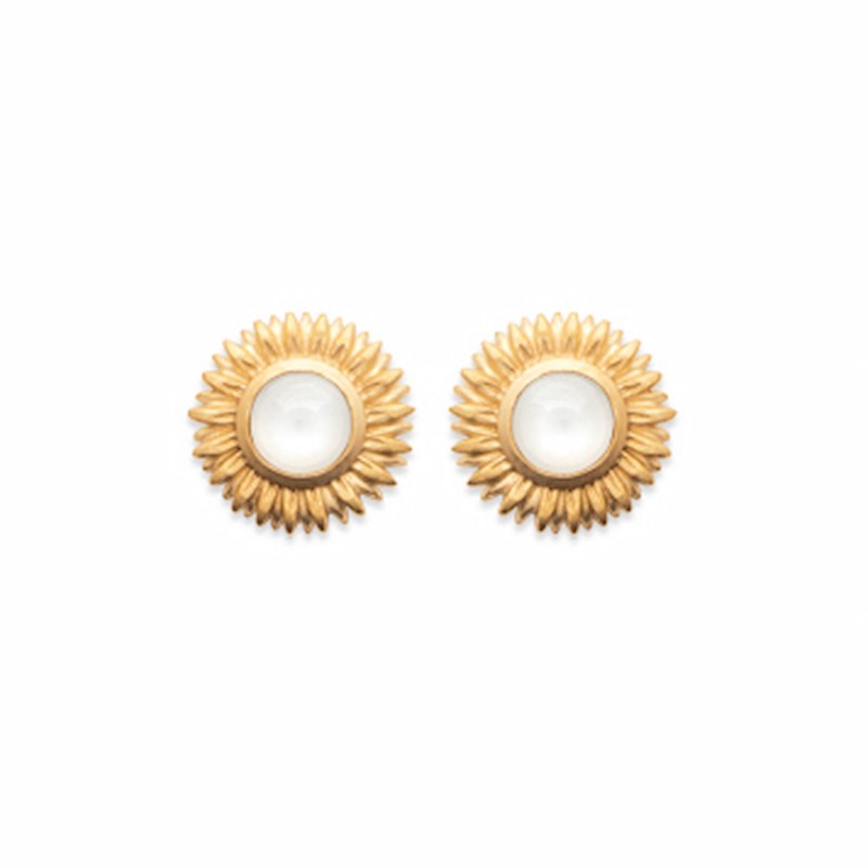 Boucles d'Oreilles Puces Fleur Pierre de Lune Plaqué Or Precieuse Blanche