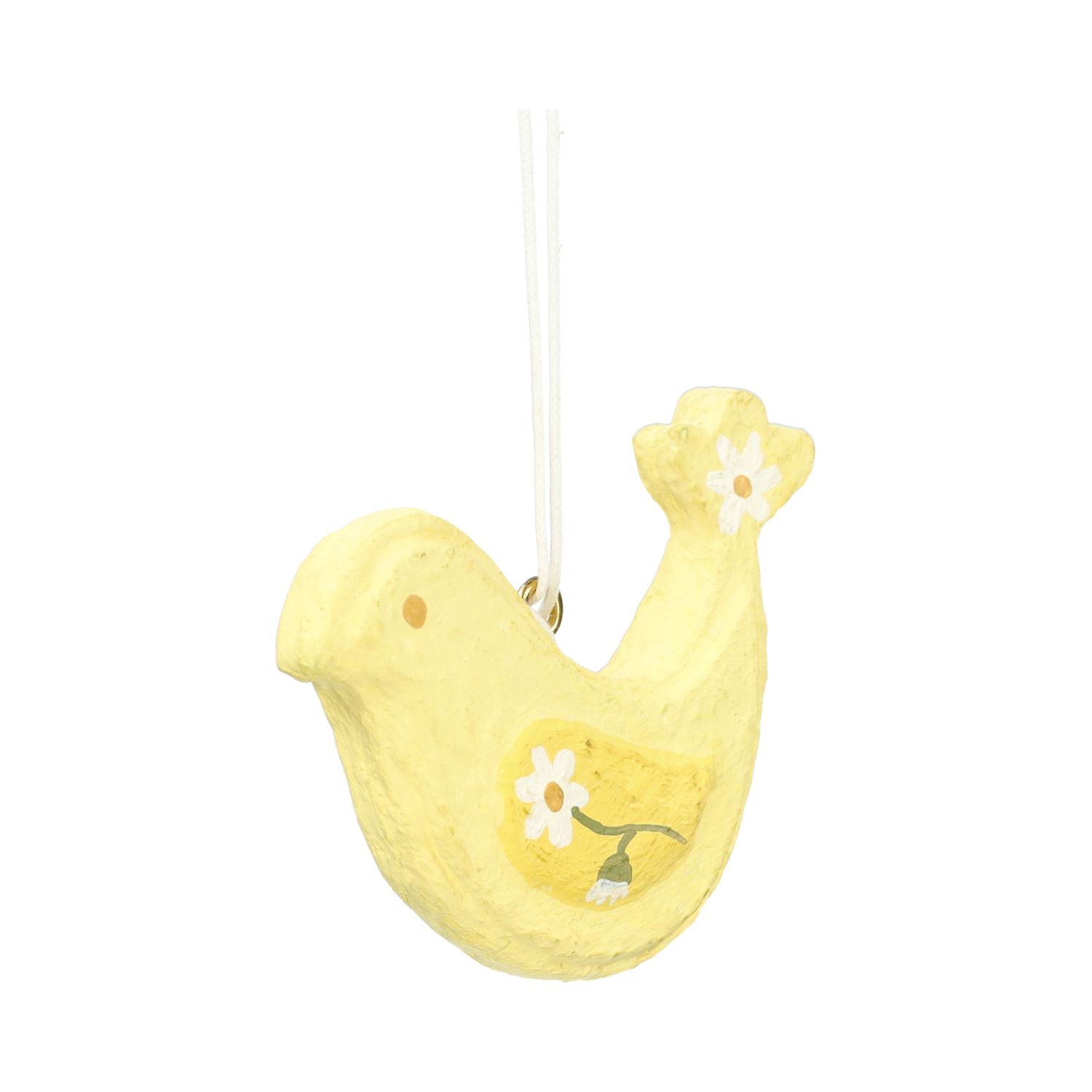 Hanger, katoen maché, geel vogeltje met madelief, 6 x 8 cm