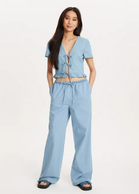Korte mouwen blouse met strik details blauw (BLW.USM)