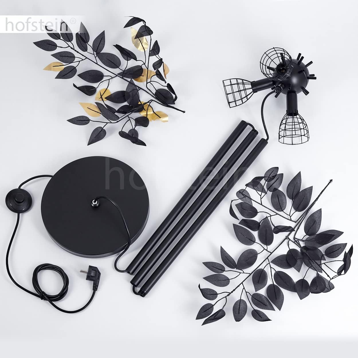 Stehleuchte Kallax, Stehlampe aus Metall/Kunststoff in Schwarz/Goldfarben, Standlampe mit Schirm in Blatt-Optik, Höhe 190 cm, mit Fußschalter am Kabel und Lichteffekt, 3 x E14, ohne Leuchtmittel