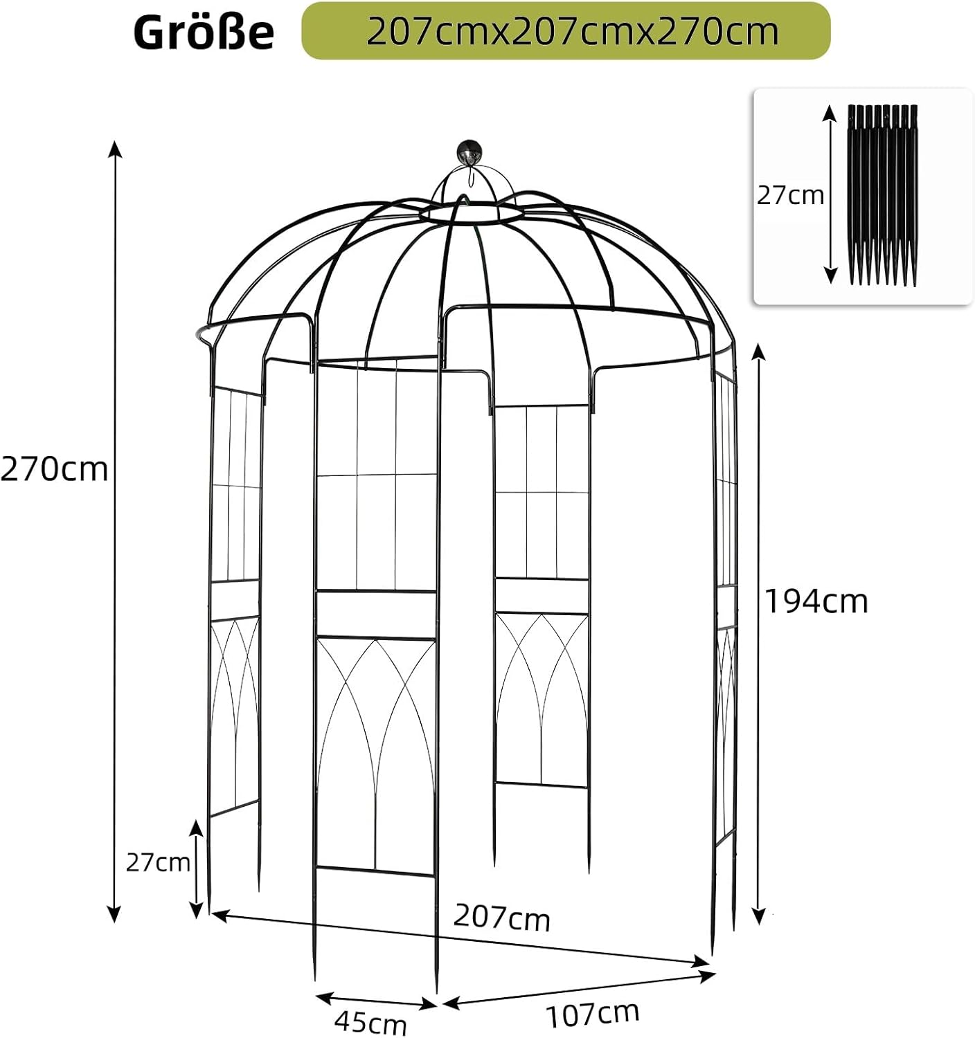 LEADZM Rosenbogen aus Metall stabil – 270 x 207 x 207 cm – Rankhilfe für Kletterpflanzen, Terrassen & Patios – Rostfrei & Wetterfest – Schwarz