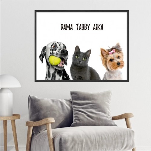 Retrato personalizado e realista dos 3 animais de estimação da MascoZoom com moldura de madeira preta.