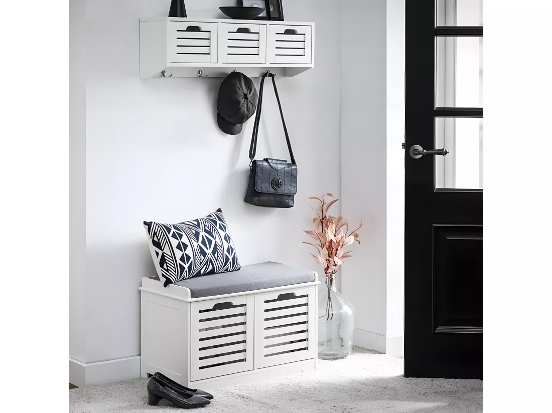 SoBuy Banc à Chaussures, Banc de Rangement à Chaussures, Meuble à Chaussures, Meuble Bas Entrée avec Coussin rembourré, 2 Portes et 4 Compartiments Ouverts, 71 x 35 x 43 cm, Blanc, FSR23-II-W