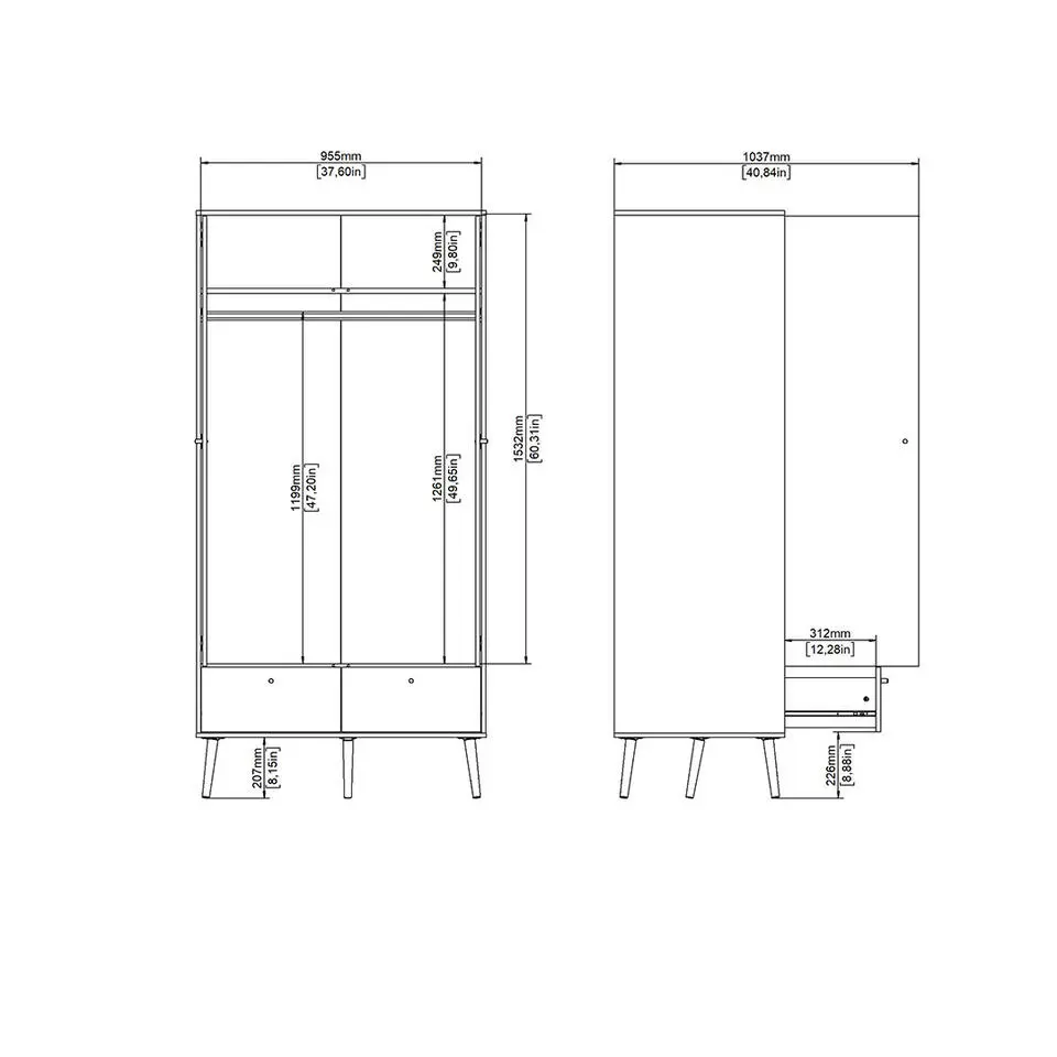 Hioshop Bodo kledingkast 200x99x58cm- 2 deuren- 2 lades matgrijs