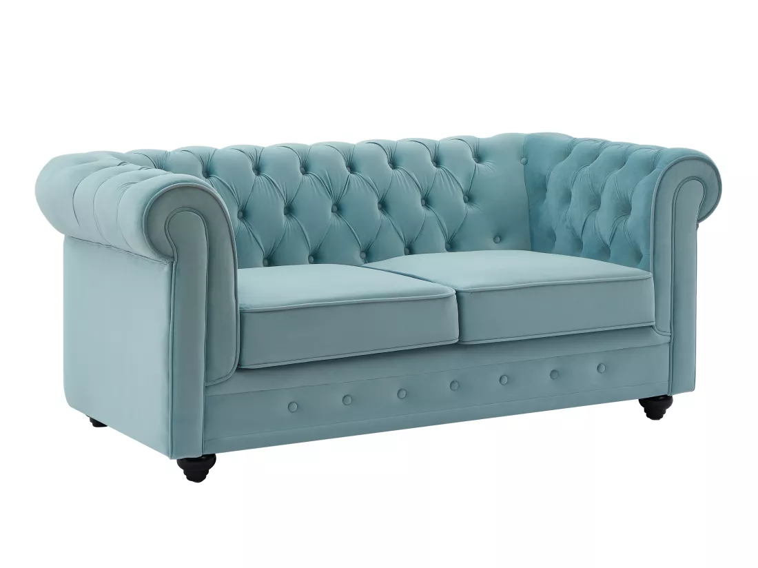 Canapés 3 places et 2 places et fauteuil en velours bleu pastel CHESTERFIELD