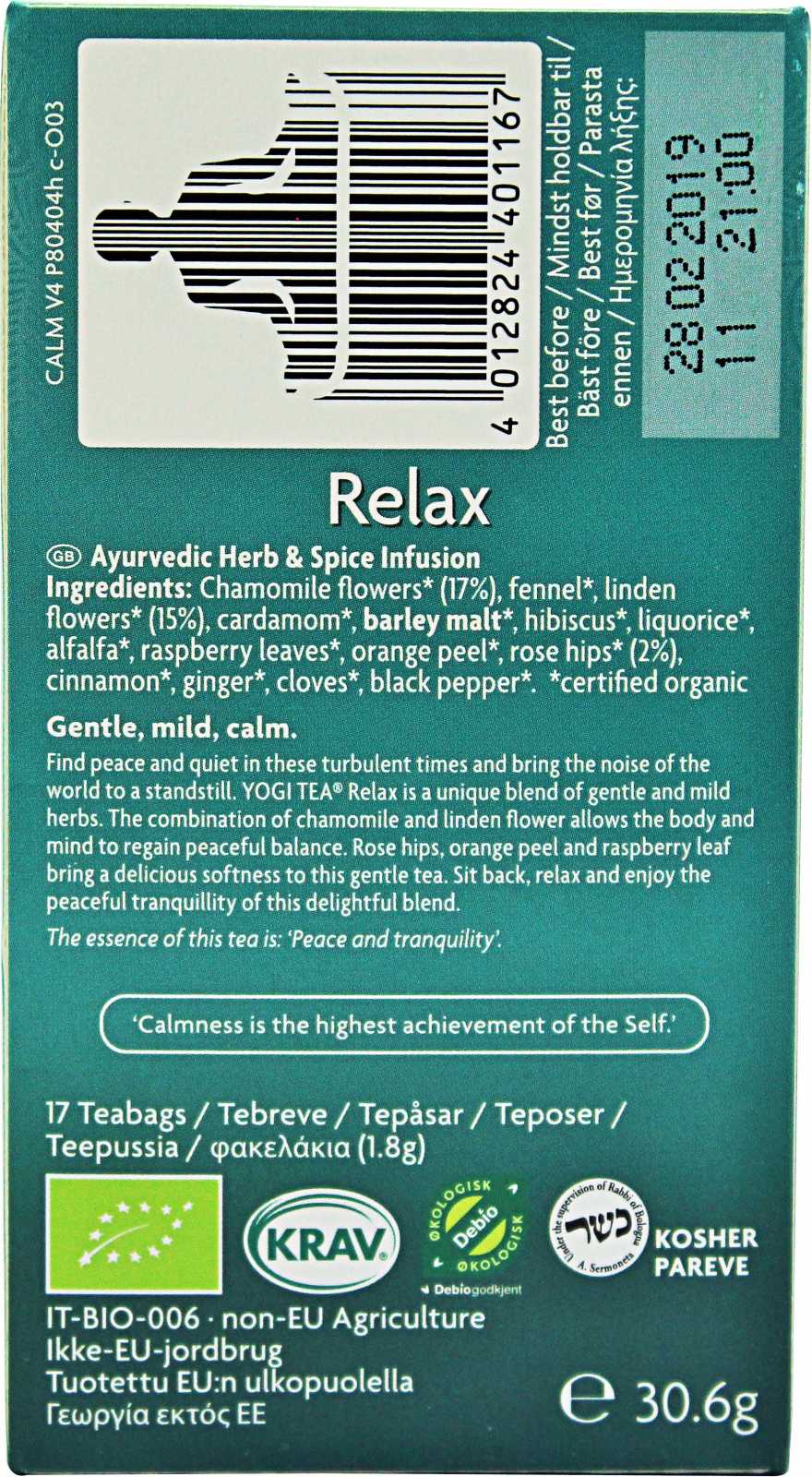 Chá Relaxante Orgânico Yogi Tea, 17 sachês.