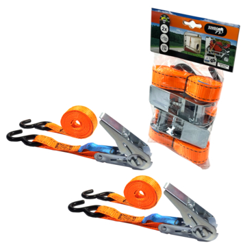 Jumbo spanband oranje set 2 x 3,5m 25mm met ratel en S haken