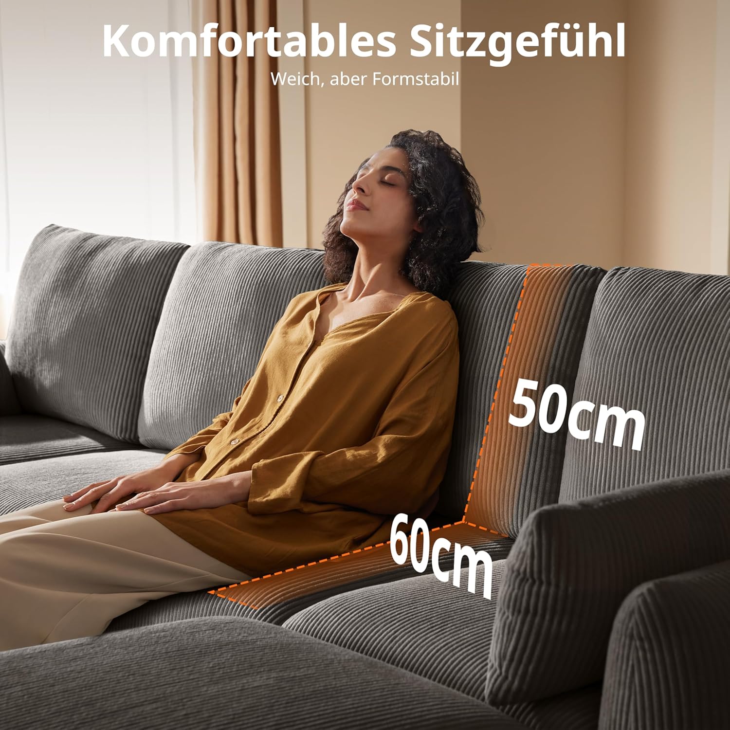 Modulares Ecksofa 245cm, modernes Cord-Schlafsofa in L-Form, 5 Sziter individuell konfigurierbare Wohnlandschaft, hochdichter Memory-Schaum, abnehmbare & waschbare Kissenbezüge, Grau