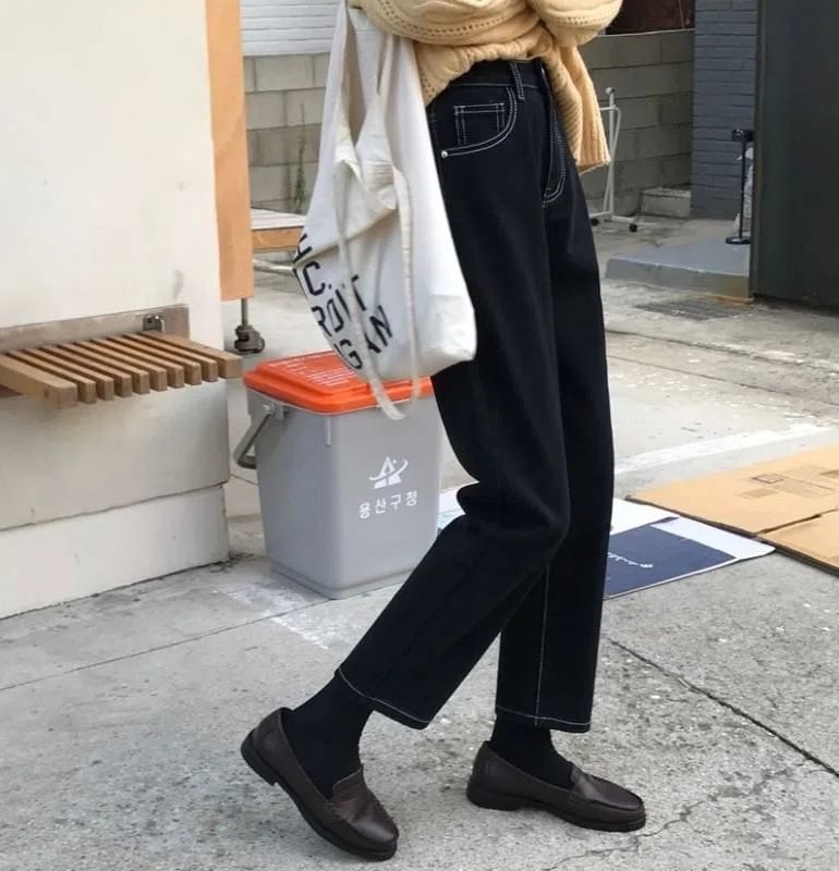 Hanji - Hoge taille contrasterende gestikte losse jeans
