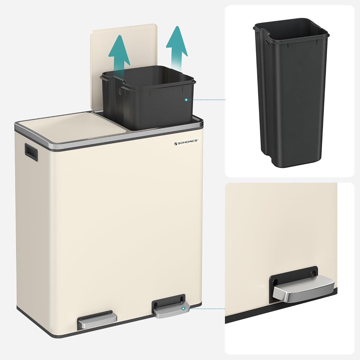 SONGMICS Mülleimer, 2 x 30 Liter, 2 Fächer, Mülltrennsystem, Treteimer, Abfalleimer Küche, 15 Müllsäcke, Metall, Inneneimer aus Kunststoff, Klappdeckel, Softclose, luftdicht, mandelfarben LTB060A01