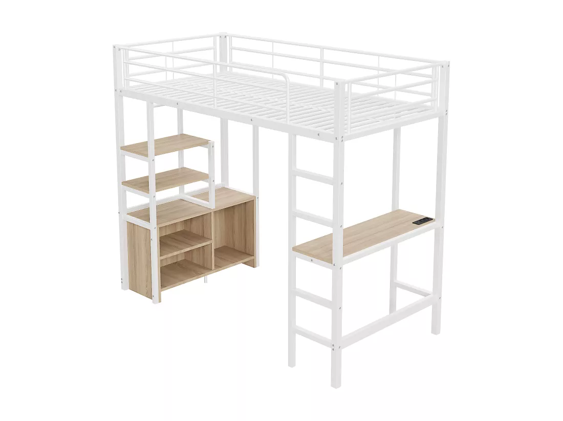 Lit mezzanine 90x200cm en métal - avec bureau + prises USB + barrières - Blanc