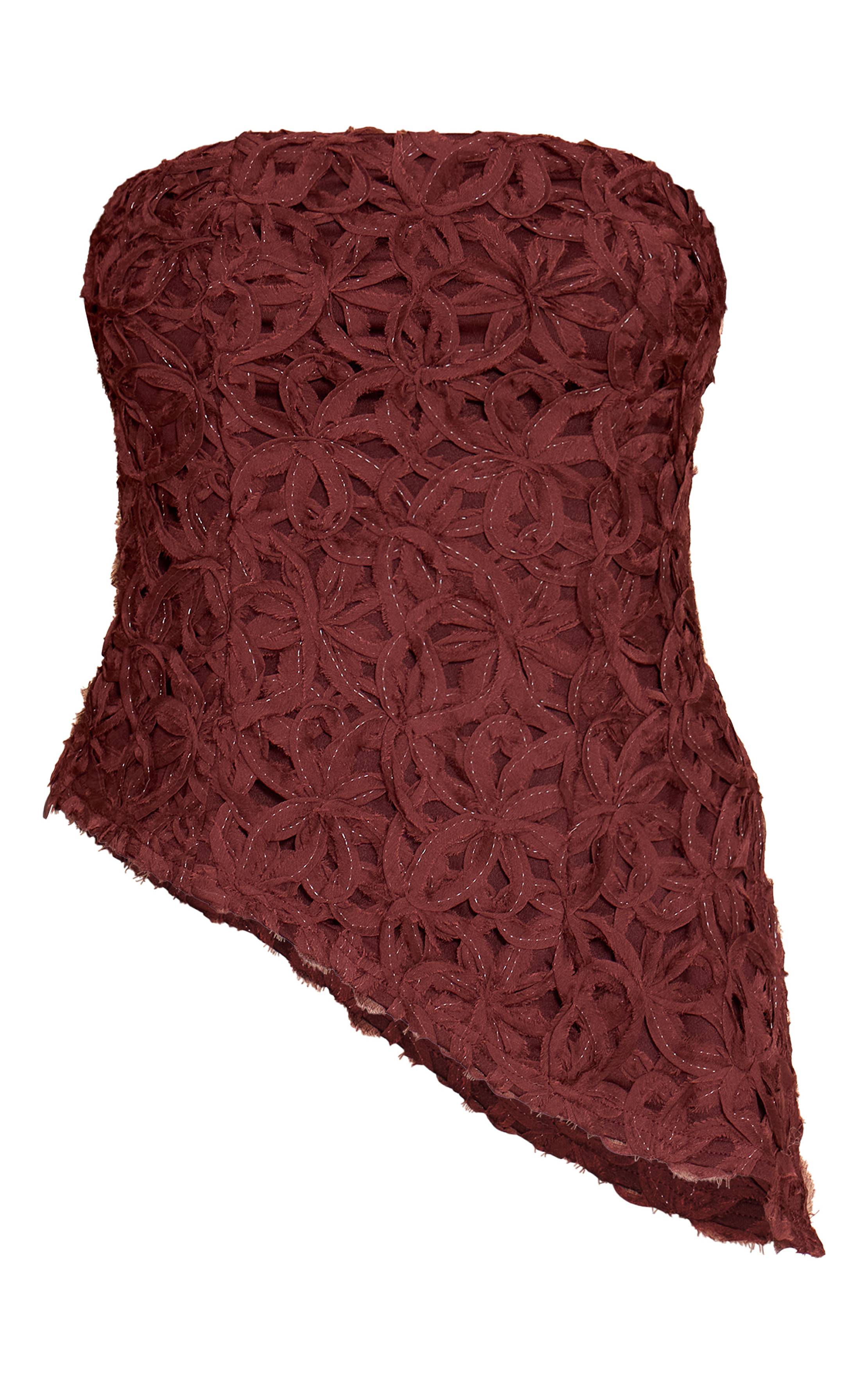 Dark Chocolate Bandeau À Ourlet Asymétrique Fleuri Texturé