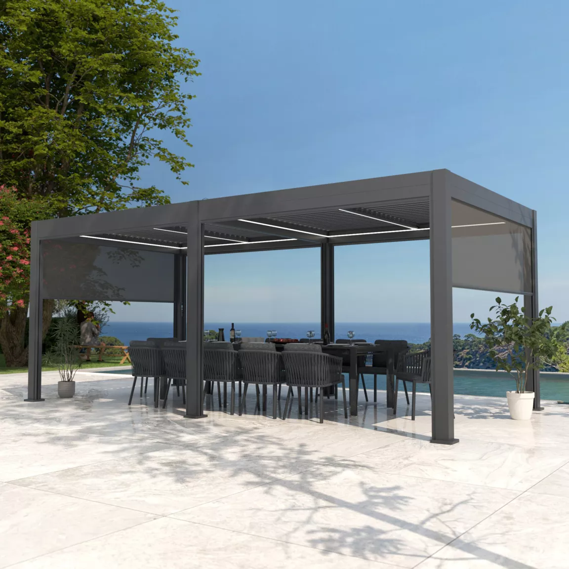 Pergola bioclimatique Autoportée motorisée aluminium et LED (3 x 6 m) Gris anthracite