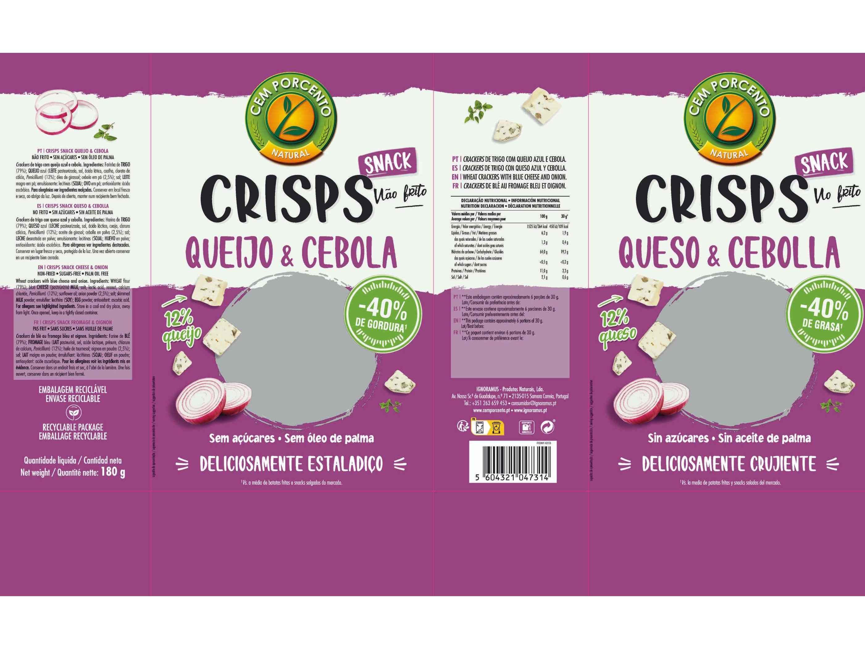 CRISPS CEM PORCENTO QUEIJO E CEBOLA 180G