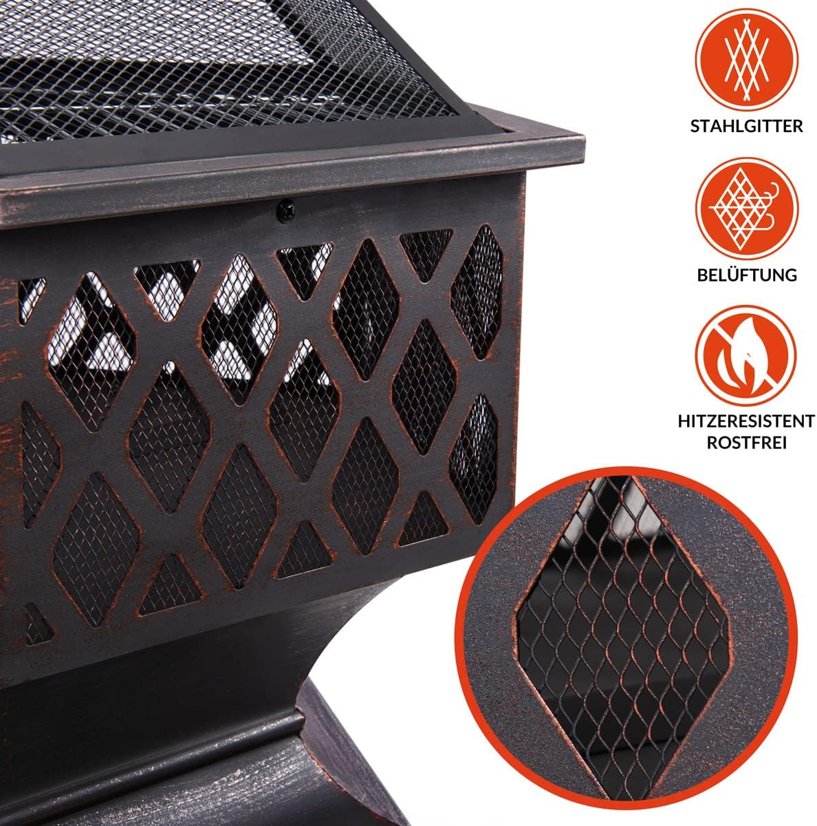 GARDEBRUK® Feuerschale mit Funkenschutz Schürhaken Abdeckung 70cm Eckig Antik Schwarz Terrasse Garten Feuerstelle Feuerkorb Kamin Ofen Holz Grill