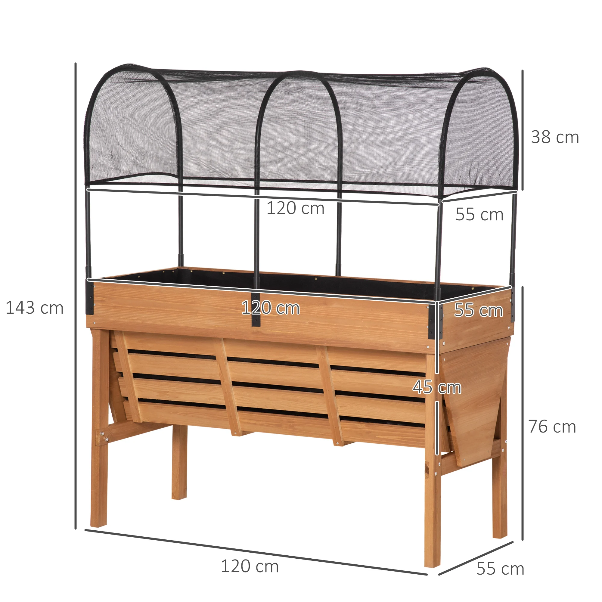 Horta urbana elevada de madeira Outsunny, 120x55x143 cm, com tela de sombreamento e geotêxtil para o cultivo de plantas e flores.