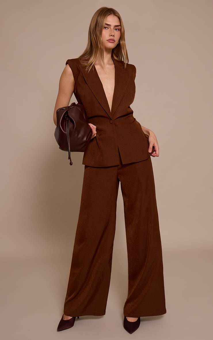 Chocolat Ensemble Coordonné Gilet Cintré Taille Froncée Épaulettes Tissu Tissé