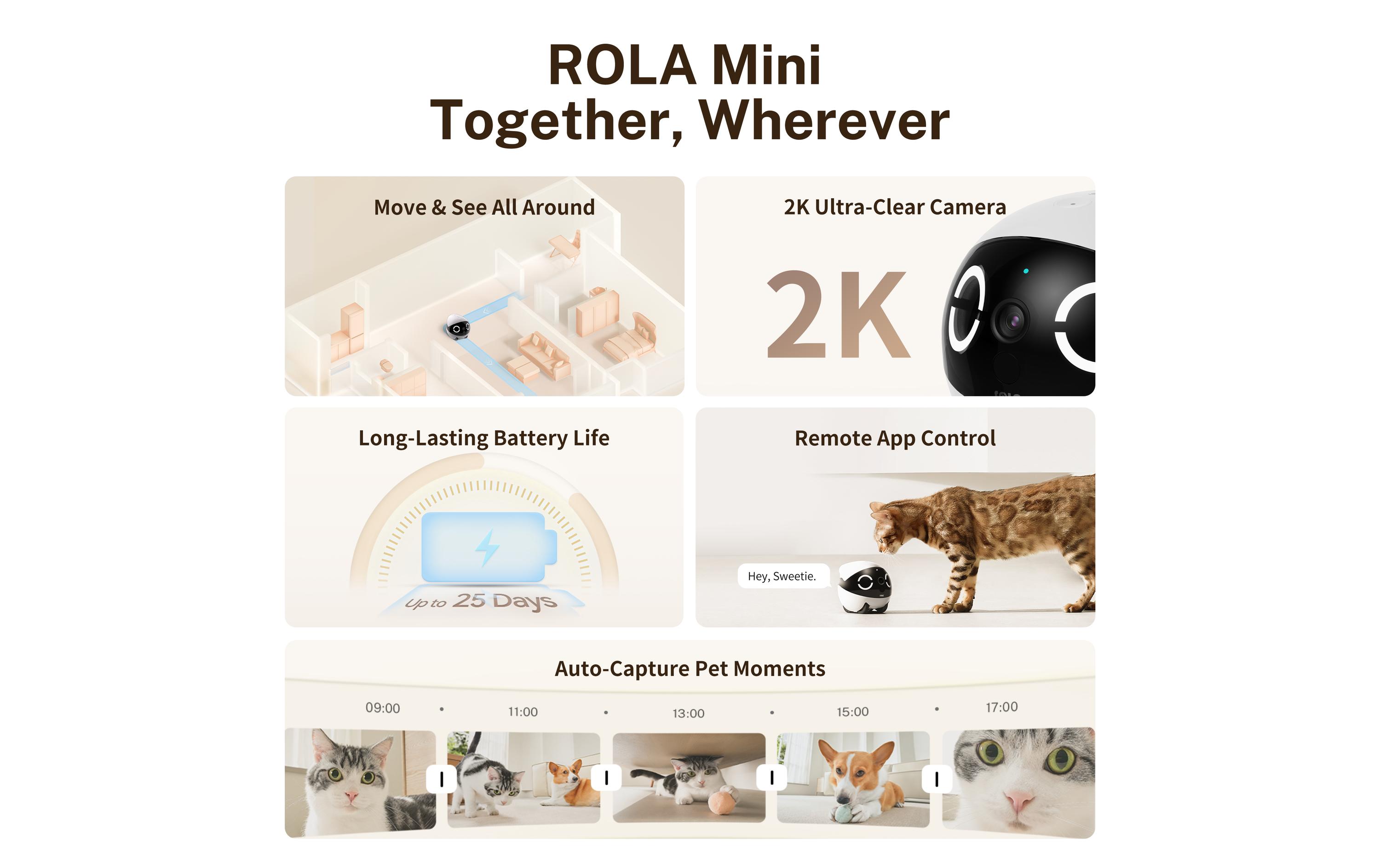 Rola Mini Pet Monitor 2k Cam<br>Kleine fahrbare Überwachungskamera